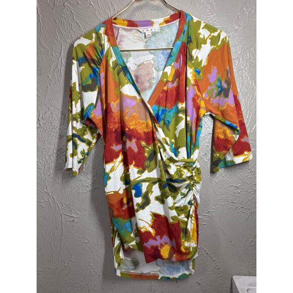 Cabi Womens Crossover Ruched Watercolor Fitted Top Size Large - Picture 3 of 6